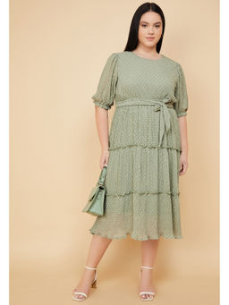 max - Curves Women Swiss Dot Tiered Dress with Belt - Green