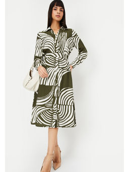 max - Women Printed Shirt Midi Dress with Belt