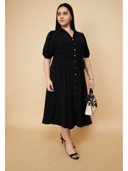max - Curves Women Solid Midi Dress with Belt - Black