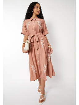 max - Women Embroidered A-line Shirt Dress with Belt