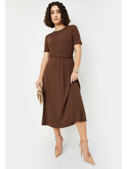 max - Women Solid Knit Midi Dress with Belt