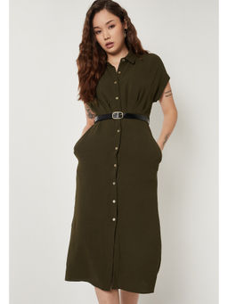max - Women Textured Shirt Dress with Belt - Olive