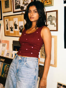 Uptownie - Maroon Heart Embroidered Ribbed Tank Top
