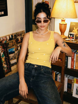 Uptownie - Yellow Heart Embroidered Ribbed Tank Top