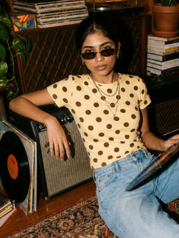 Uptownie - Yellow Polka Dot Printed Cotton Lycra T-Shirt