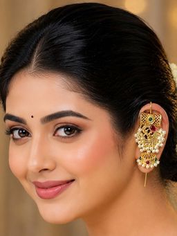 OOMPH - Gold Tone Peacock Design with Kemp Stone Ethnic Beads Ear Cuff