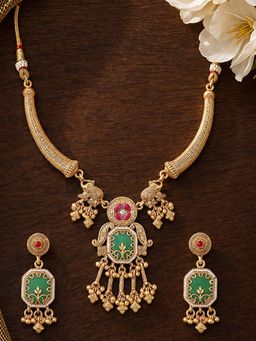 OOMPH - Gold Heritage Rajwadi Hasli Elephant Designe and Ghungroo Detailing Necklace Set