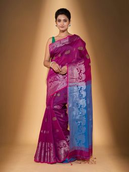 Beatitude - Magenta Blended Cotton Saree with Blue Pallu with Unstitched Blouse