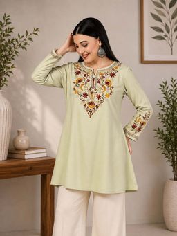 QAZMI - Jasmine Kashimiri Floral Aari Work Viscose Rayon A-Line Flared Kurti