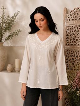 QAZMI - Women Pure Cotton Aari Work V-Neck Full Sleeves Kurti
