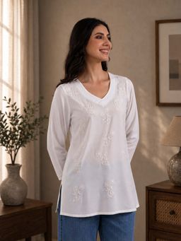 QAZMI - Women Kashmiri Aari Embroidered Viscose Rayon Flared Sleeves Short Kurti