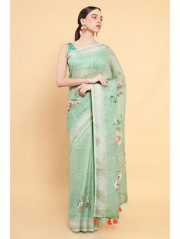 Soch - Women Green Linen Printed Saree with Stitched Blouse