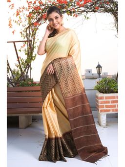 CHARUKRITI - Cream Blended Silk Saree with Geometric Design and Unstitched Blouse