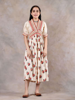 Rustorange - Beige and Pink V Neck Gathered Dress