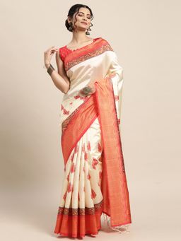 Sareemall - Womens Silk Blend Off White Digital Print Designer Saree with Unstitched Blouse