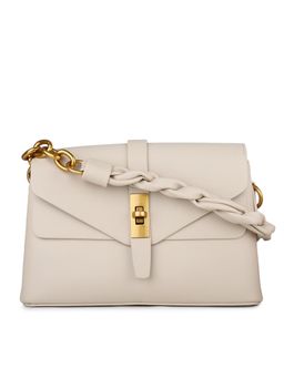 Inc.5 - Women Beige Solid Structured Sling Bag with Twist Lock Detail