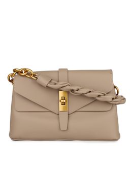 Inc.5 - Women Nude Solid Structured Sling Bag with Twist Lock Detail