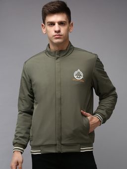 SHOWOFFFF - Men Solid Olive High Neck Padded Jacket