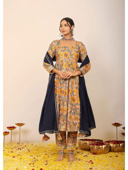 Kaori By Shreya - Yellow Floral Anarkali Suit with Pant & Black Dupatta (Set of 3)