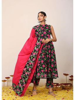 Kaori By Shreya - Multi-Color Floral Anarkali Suit with Pant & Pink Dupatta (Set of 3)