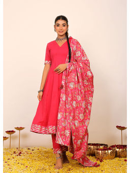 Kaori By Shreya - Rani Pink Solid Anarkali Suit with Pant & Printed Dupatta (Set of 3)