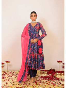 Kaori By Shreya - Floral Multi-Color Anarkali Kurta with Pant & Pink Dupatta (Set of 3)