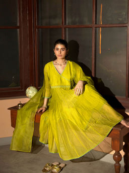 DEEPTHEE - Neon Green Angarkha Kurta with Palazzo & Dupatta (Set of 3)