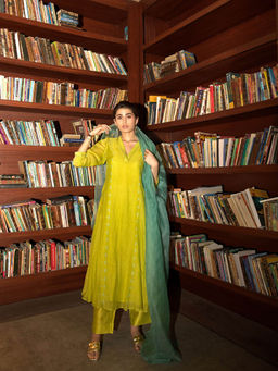 DEEPTHEE - Neon Green Side Panelled A-Line Kurta with Pant & Dupatta (Set of 3)