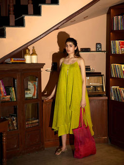 DEEPTHEE - Neon Green Embroidered Slip Midi Dress