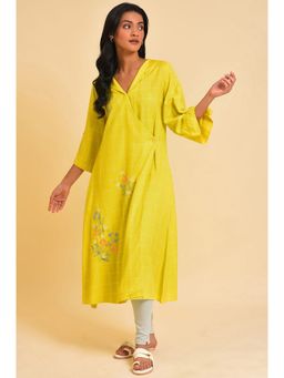 W - Yellow Embroidered Checker Wrap Dress