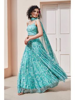 Biba - Women Green Polyester Printed Lehenga with Blouse and Dupatta (Set of 3)