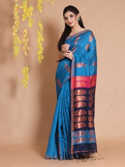 CHARUKRITI - Sapphire Blue Cotton Zari Paisley Designs Handwoven Saree with Unstitched Blouse