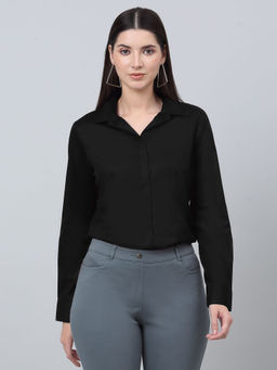 Cantabil - Women's Black Solid Spread Collar Formal Shirt