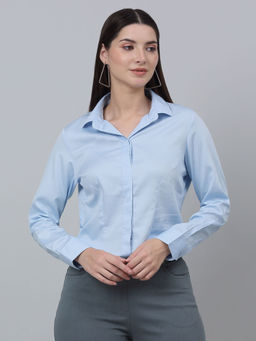 Cantabil - Women's Sky Blue Solid Spread Collar Formal Shirt
