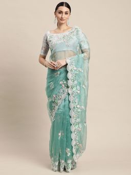 VAIRAGEE - Green Floral Embroidered Organza Saree with Unstitched Blouse