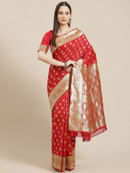 Sareemall - Red Festive Silk Blend Banarsi Saree with Unstitched Blouse