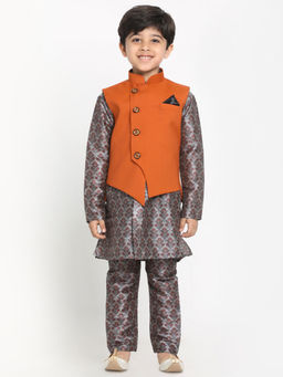 Vastramay - Boys Multicolor-Base-Grey Silk Blend Jacket Kurta and Pyjama (Set of 3)