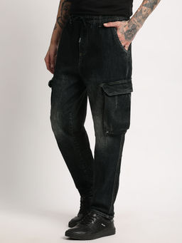 The Bear House - Men Cotton Black Solid Cargo With Drawstring Closure