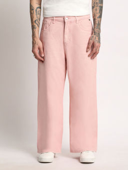The Bear House - Men Pink Cotton Flared Fit Jean