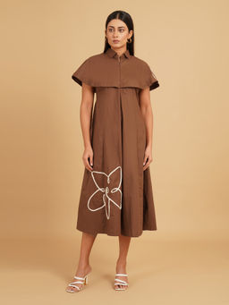 KALALOOM - Women Brown Pure Cotton Midi Length Flared Dress