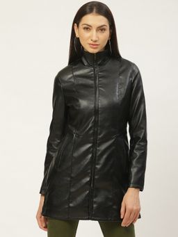 Leather Retail - Black Solid High Neck Jacket