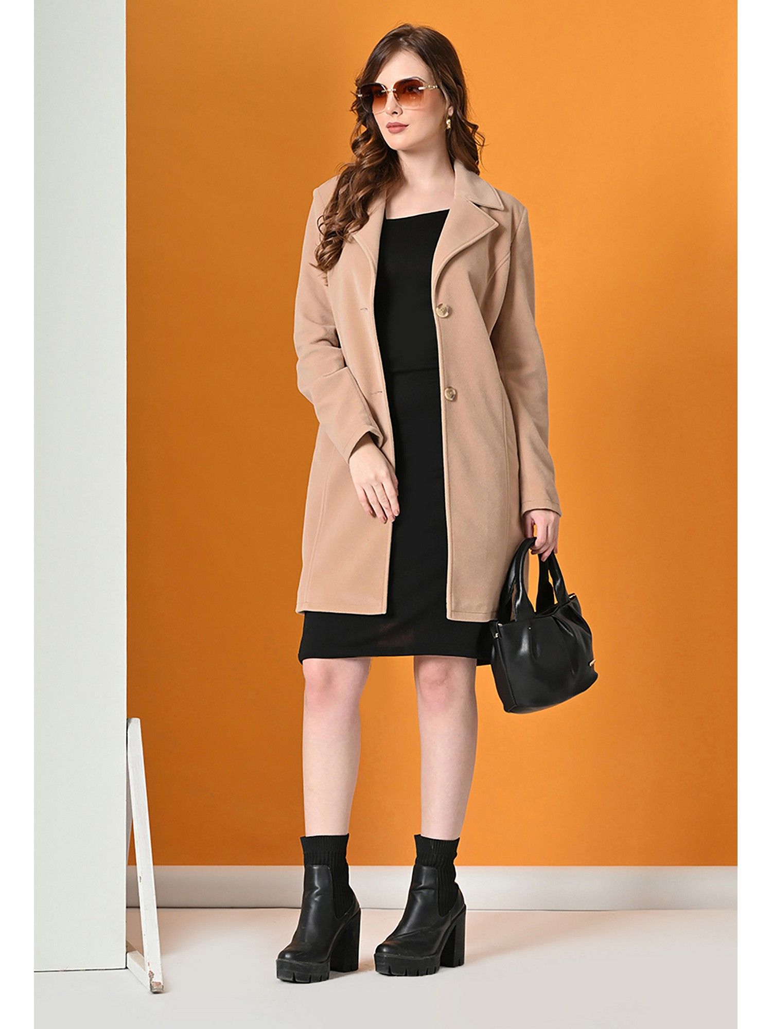 tboj Beige Solid Notched Lapel Winter Coat-picture-10