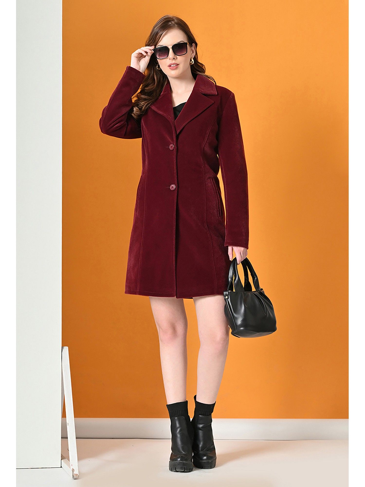 tboj Maroon Solid Notched Lapel Winter Coat-picture-29