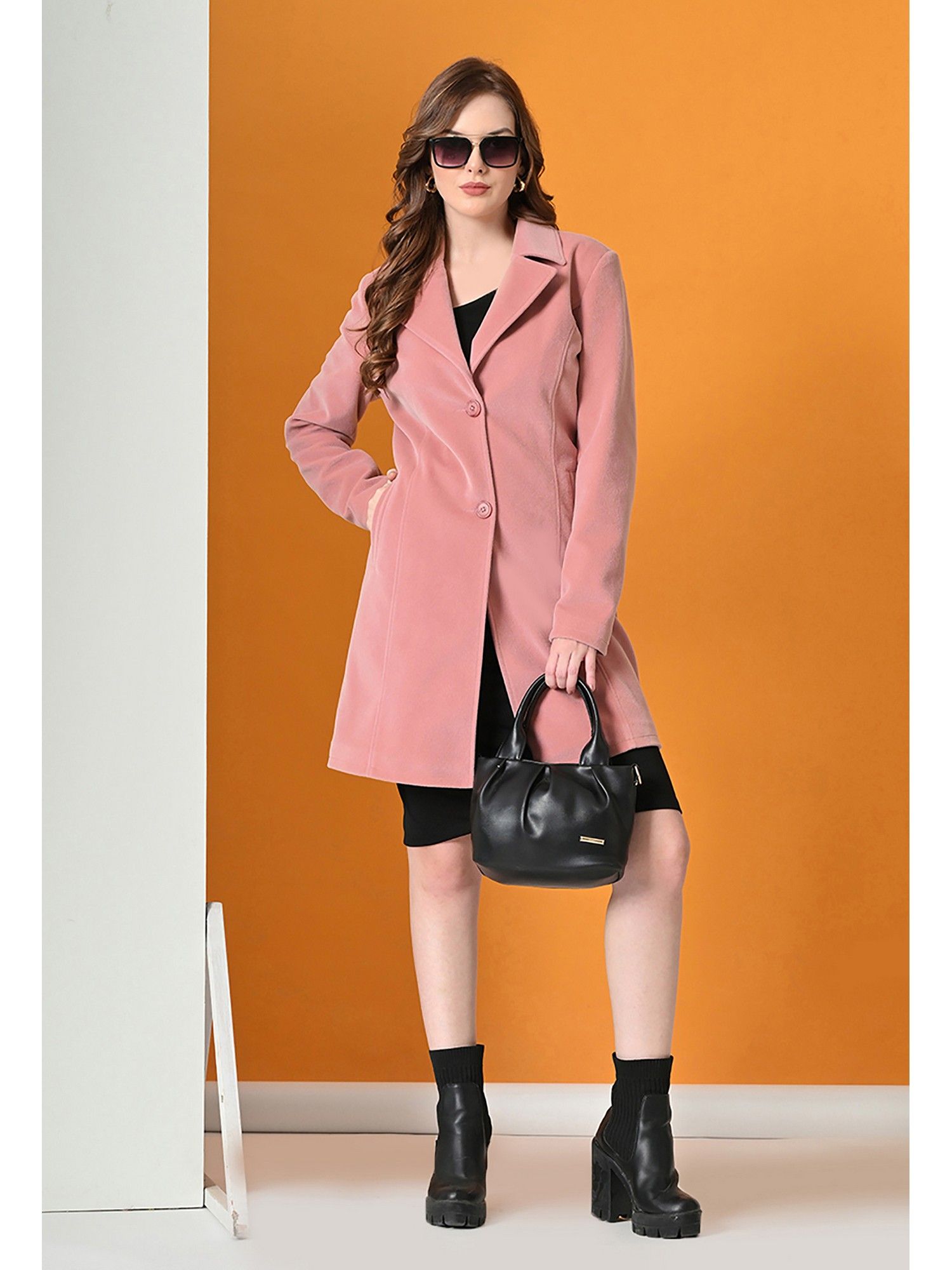 tboj Pink Solid Notched Lapel Winter Coat-picture-28