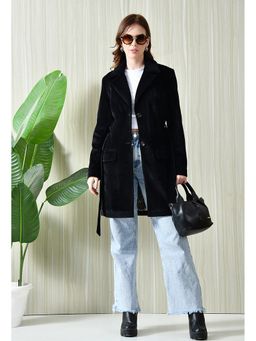 TBOJ - Black Notched Lapel Longline Winter Coat with Belt