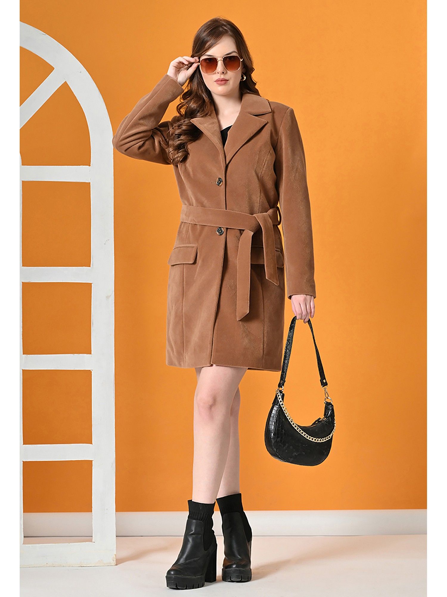 tboj Tan Solid Full Sleeves Longline Winter Coat with Belt-picture-38