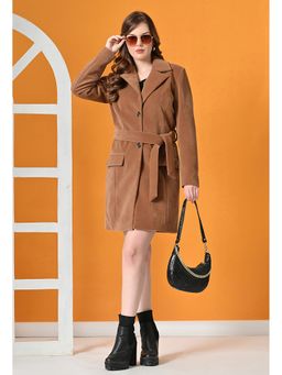 TBOJ - Tan Solid Full Sleeves Longline Winter Coat with Belt