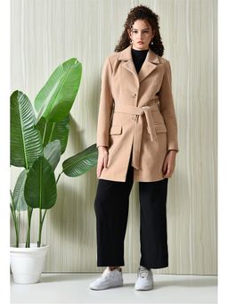 TBOJ - Women Beige Solid Notched Lapel Longline Winter Coat with Belt