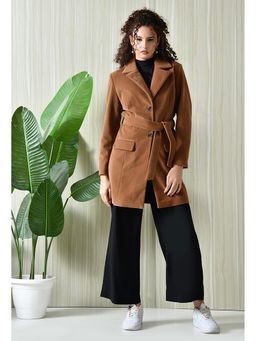 TBOJ - Women Tan Solid Notched Lapel Winter Coat