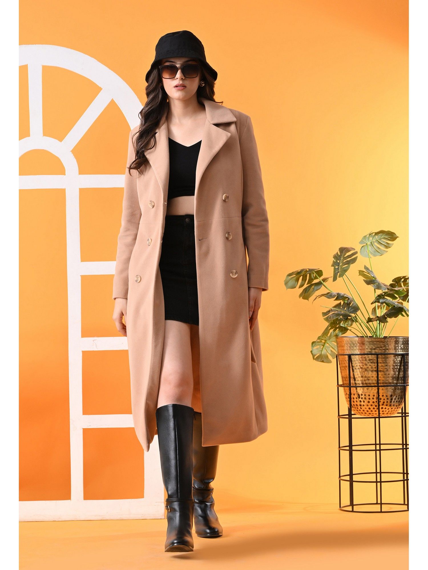 tboj Beige Solid Notched Lapel Longline Winter Coat with Belt-picture-15